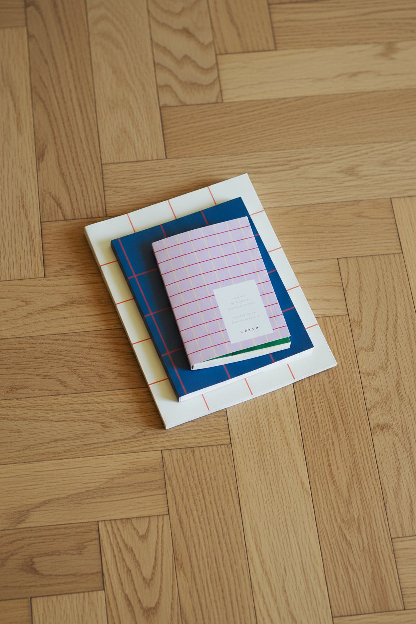Notebook with a blue cover and lined pages on a wooden surface