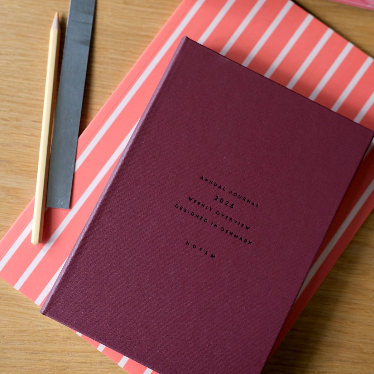 ALVA Annual Journal 2027, A5 Flat Lay Binding - Dark Red – styled foto